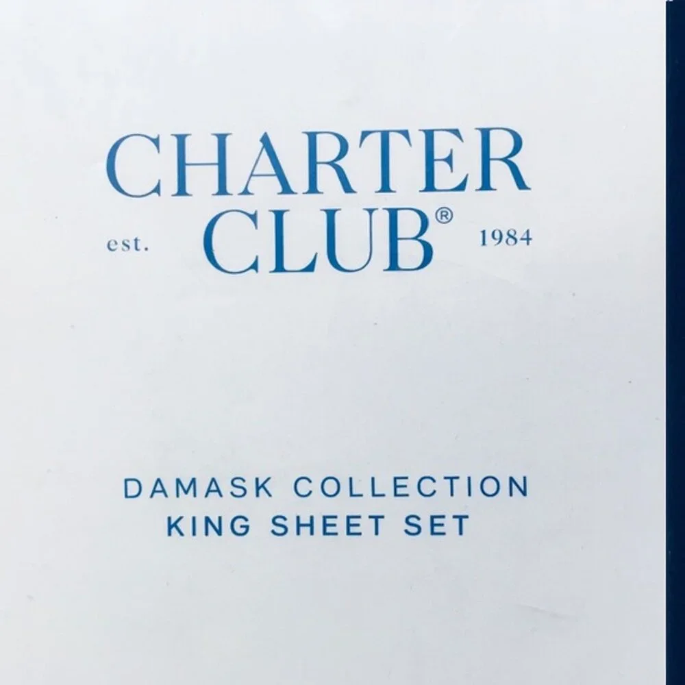 Charter Club 550 DAMASK STRIPE TC 100% Cotton KING Sheet Set in NAVY PEONY color